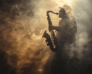 A silhouette of a jazz musician playing a saxophone on a smoky stage with soft spotlight illumination