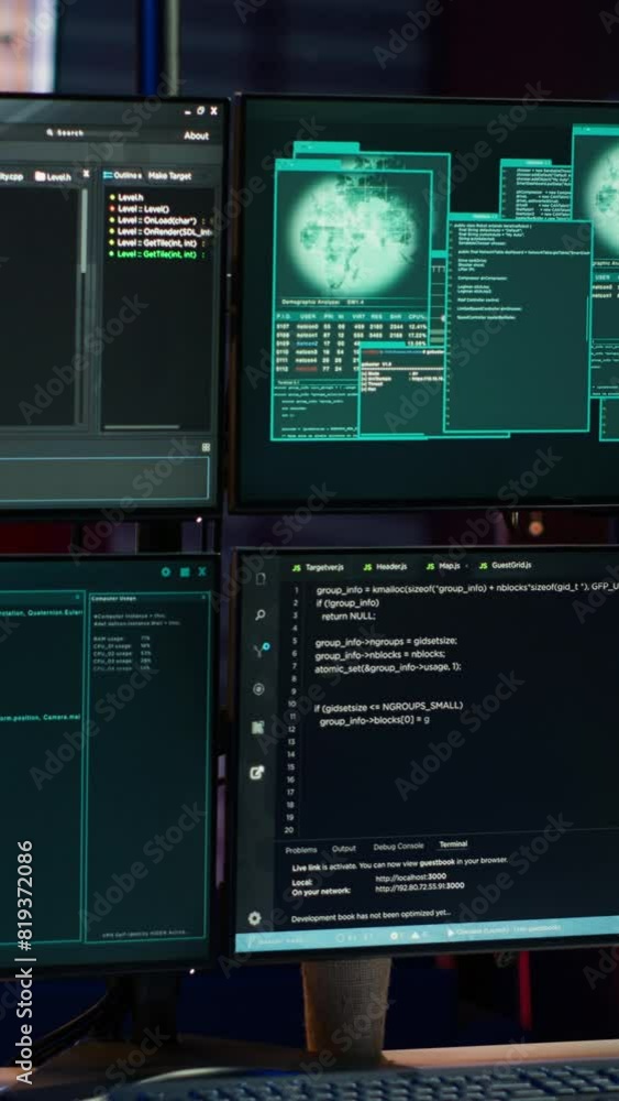 Poster vertical video lines of code running on computer monitors in empty room used by cybercriminal steali