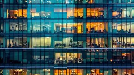 large glassy office building at night