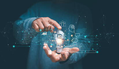 Artificial Intelligence of futuristic innovative technology for business concept, Businessman holding lightbulb with AI and icon of financial technology, Chat and Generate something by AI tech.