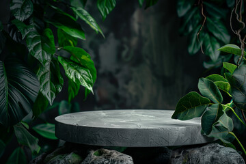 Jungle table background. Rustic rock table against the backdrop of tropical plants, palms and jungle .rock podium in tropical forest for product presentation and green background