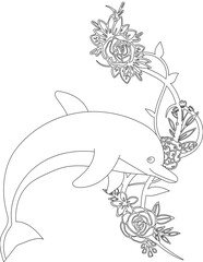 Dolphin and A Floral Vine Coloring Page. Printable Coloring Worksheet for Adults and Kids. Educational Resources for School and Preschool.