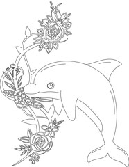 Dolphin and A Floral Vine Coloring Page. Printable Coloring Worksheet for Adults and Kids. Educational Resources for School and Preschool.