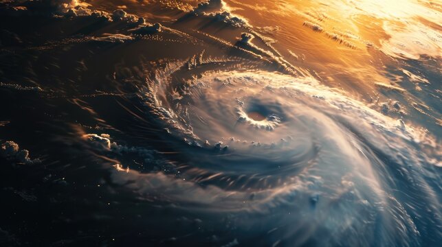 Stormy cyclone swirling, Typhoon, Hurricane near coastal, catastrophe, seen from space