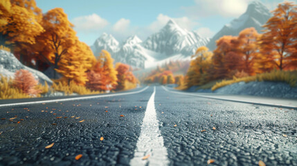 Empty asphalt road with a white line and a beautiful autumn nature landscape background. A road trip or travel concept, a journey on the highway during the fall season