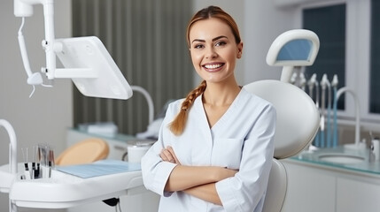 Fototapeta premium A woman dentist in the office of a dental clinic