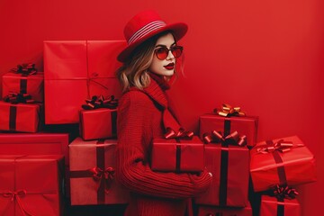 Stylish woman standing confidently with a large pile of wrapped presents. Christmas shopping madness.
