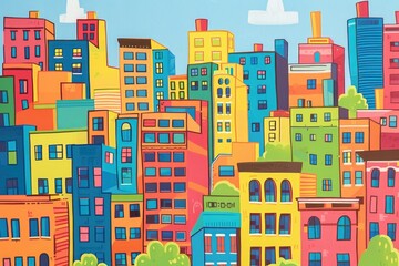 Stylized drawing of vibrant cityscape with buildings, showcasing urban renewal and sustainable mixed-use development