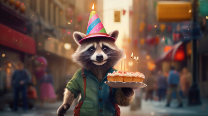 A cute funny raccoon carries a plate of cupcakes and candles along a city street. Happy birthday greetings