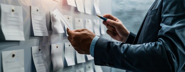 Checklist concept, Businessman mark checkboxes, Survey form, check marks on checklist,  filling online form and answering questions. List options business employee security procedures followed  office