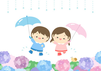梅雨のイラスト素材、かわいい子どもたちと雨と水たまりと紫陽花の花