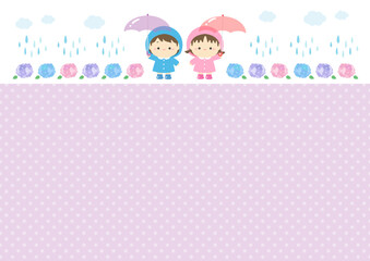 梅雨の梅雨のイラスト、紫陽花と子供のかわいいフレーム背景素材02