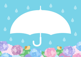 梅雨のイラスト素材、紫陽花と雨と傘のフレーム02
