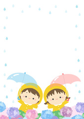 かわいい子どもと雨と紫陽花のフレーム、梅雨のイラスト素材02