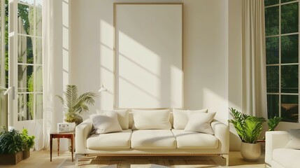 Bright living room interior with a large window and a blank white poster,
