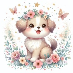 Naklejka premium cute little puppy watercolor illustration with flowers frame