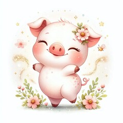 cute little piggy watercolor illustration with flowers frame