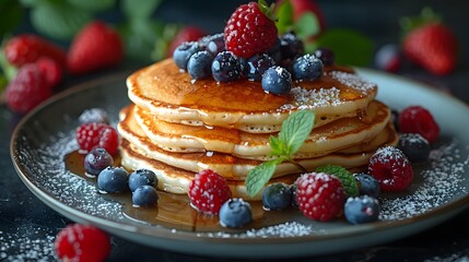 Pancakes with berries stack of pancakes topped with fresh berries and syrup