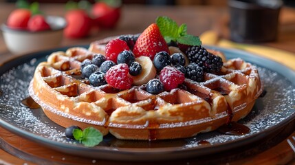 Belgian waffle topped with mixed berries, banana slices, and powdered sugar, served on dark plate with side of syrup