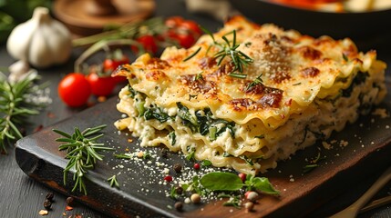 Spinach and ricotta lasagna with rosemary garnish, served on wooden cutting board