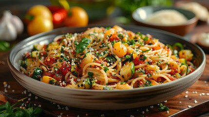 Spaghetti primavera with zucchini, tomatoes, and fresh herbs in large ceramic bowl