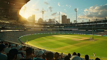 the cricket stadium, filled with cheering fans in their seats and standing on exterior stands.