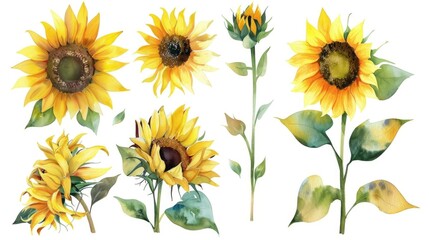 Sunflower watercolor set isolated on white background. Summer yellow blossom flowers collection