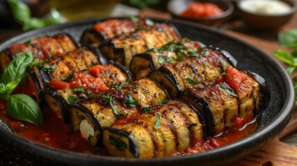 Eggplant Rollatini with Ricotta Cheese and Marinara Sauce, Garnished with Fresh Basil in Black Dish