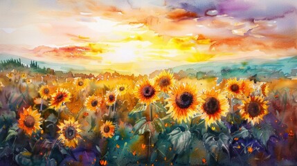  Sunflowers on a field at sunset. Watercolor painting.