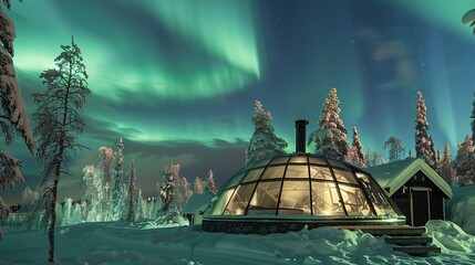 SAARISELKÃ„, Lapland, Finland Glass igloo at Kakslauttanen Arctic Resort in northern Finland. The cosy heated igloos are perfect for watching the aurora borealis