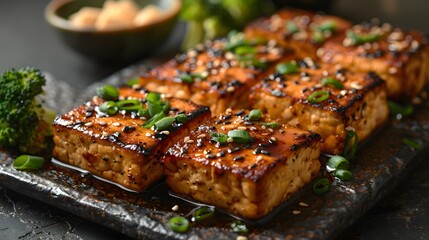 Glazed grilled tofu with sesame seeds and green onions, served with steamed broccoli on ceramic plate - Powered by Adobe