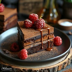 Decadent chocolate cake slice with layers of chocolate ganache, topped with fresh raspberries and...