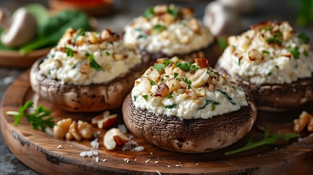 Stuffed portobello mushrooms with ricotta cheese, spinach, and chopped nuts, garnished with parsley
