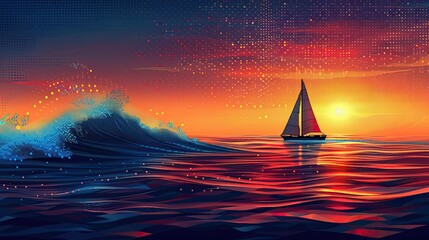 Create a minimalist pixel art logo featuring a sailboat on a beautiful sea wave. Set at dawn, the color palette should include blues and light oranges 
