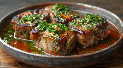 Glazed Pork Belly Chunks in Sticky Sauce with Fresh Cilantro and Sesame Seeds