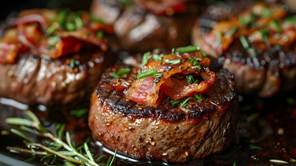 Seared beef tenderloin medallions topped with crispy bacon and fresh chives, garnished with rosemary