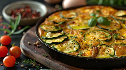 Cheesy zucchini and tomato frittata with fresh basil and cherry tomatoes, baked to golden perfection