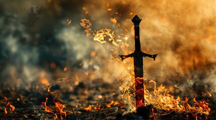 Sword of Grace and Peace. A flaming sword stuck in the ground. Flames and smoke. Fantasy medieval blade. Wind blowing on fire
