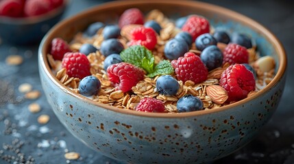 Healthy Breakfast Bowl with Granola, Raspberries, Blueberries, and Almonds in Rustic Ceramic Bowl