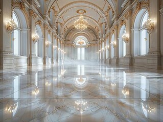 Fototapeta premium A smooth, polished marble floor in a grand hall, reflecting the ornate ceiling and chandeliers