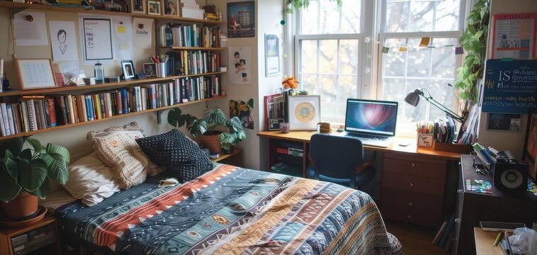A students small study space in a dorm room, crammed with textbooks, notes, and a laptop open to a study guide