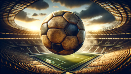 A soccer ball is suspended in midair in a stadium. The stadium is filled with people, and the atmosphere is lively and energetic