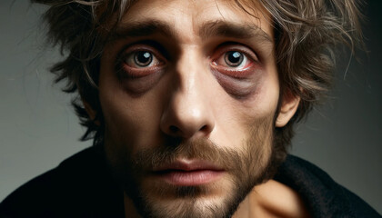 A man with a beard and messy hair is looking at the camera with his eyes closed. He has a bruise on his face and he is in a state of exhaustion or frustration