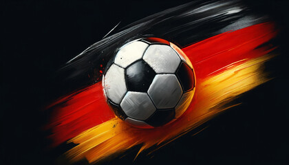 A soccer ball is on a black background with red and yellow stripes. The ball is the main focus of the image
