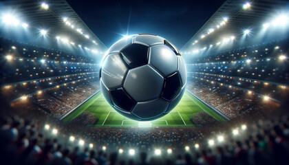 A soccer ball is in the center of a stadium full of people. The stadium is lit up and the atmosphere is lively and energetic