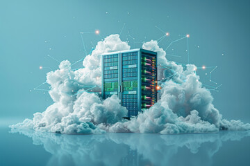 Illustrative image of computer servers on clouds representing cloud computing.Cloud Network Solution digital background. Cyber Security and Cloud Technology Concept.
