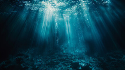 A dark blue ocean floor with light rays shining down, creating an underwater scene. The background is a deep sea, creating a sense of depth and mystery.