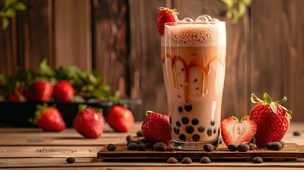 Taiwan milk tea with bubble and strawberries on wooden background