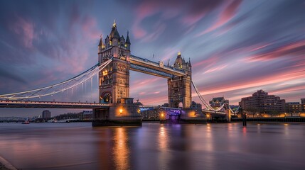 Obraz premium The lights of the iconic Tower Bridge come on as the sun sets over the Thames in London, England