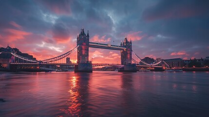 The lights of the iconic Tower Bridge come on as the sun sets over the Thames in London, England